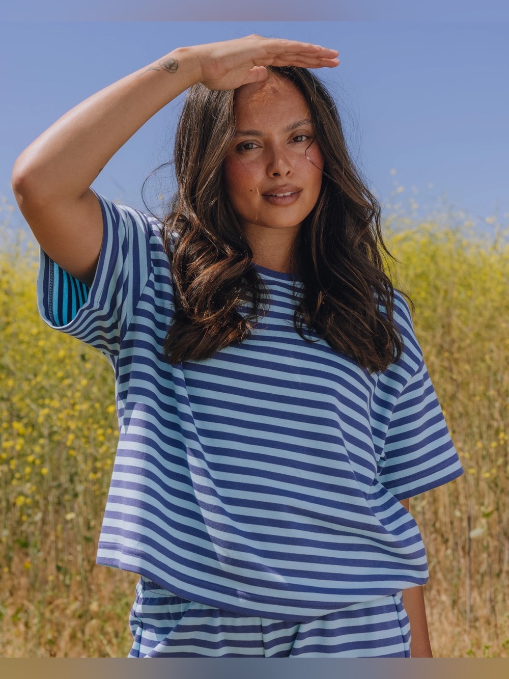 NWT DAILY DRILLS STRIPED COTTON RELAXED TEE in Malibu + Navy XS/S